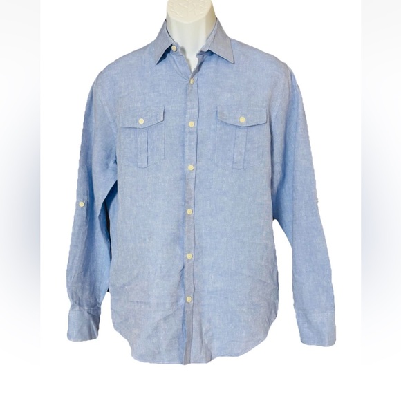 Baird McNutt Murano Linen Shirt Mens M Slim Fit Button Up Roll Tab Sleeve L Blue - Picture 1 of 11